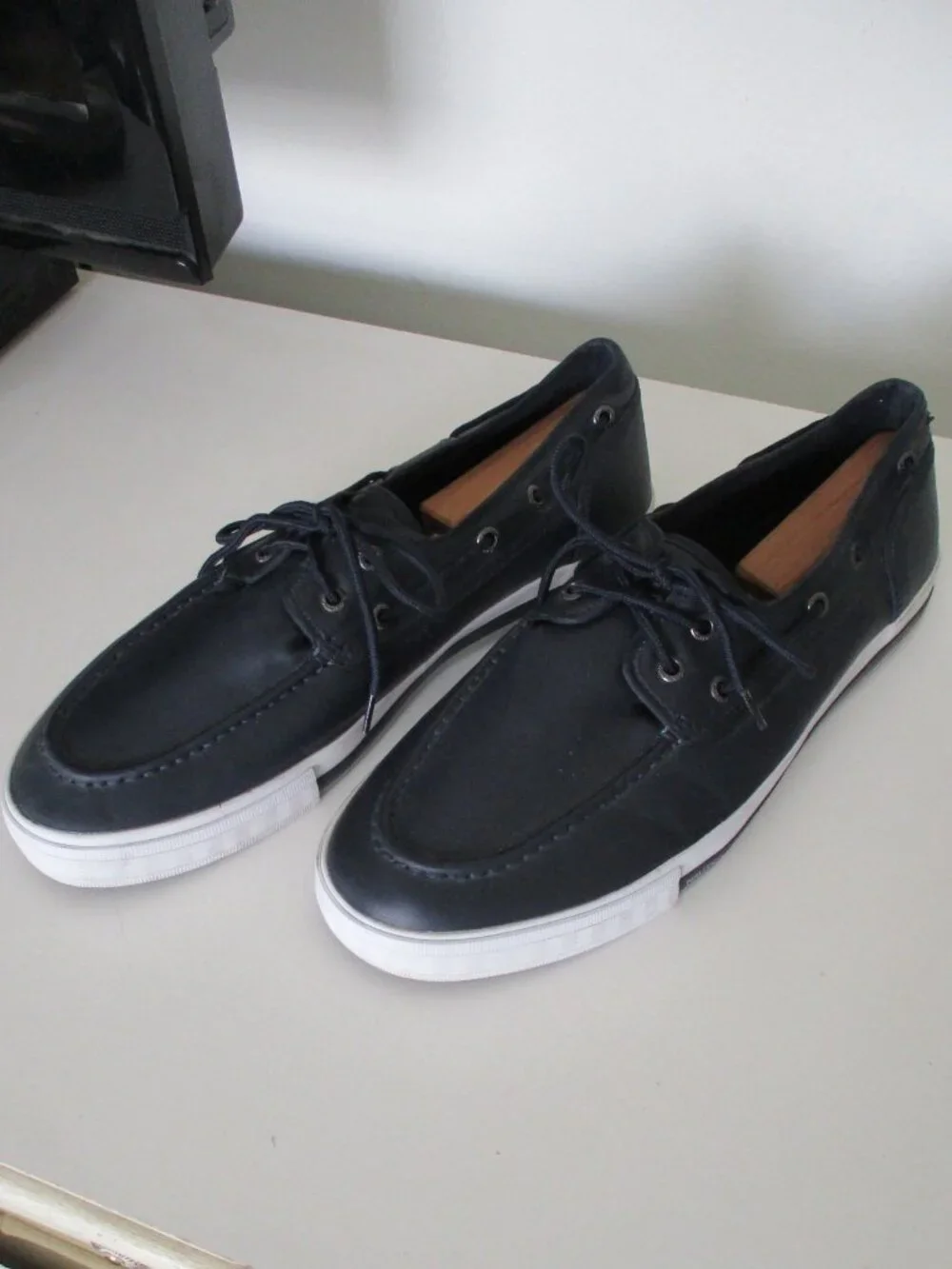 Nautica Mens Navy Faux Leather Lace-up Boat Shoe Moccasin Loafer Shoe - Size 12M